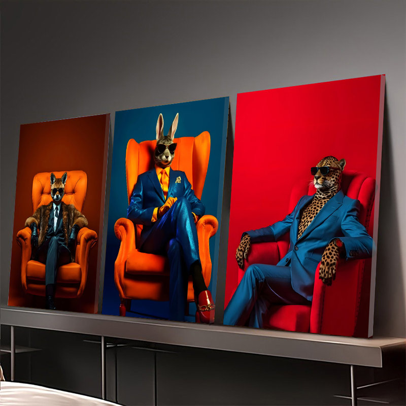 Ensemble de 3 affiches encadrées, portraits d'animaux modernes sur toile : renard, lapin et léopard élégants en costume, assis sur des fauteuils, sur des fonds colorés et vibrants. Décor contemporain pour salon, bureau ou chambre.