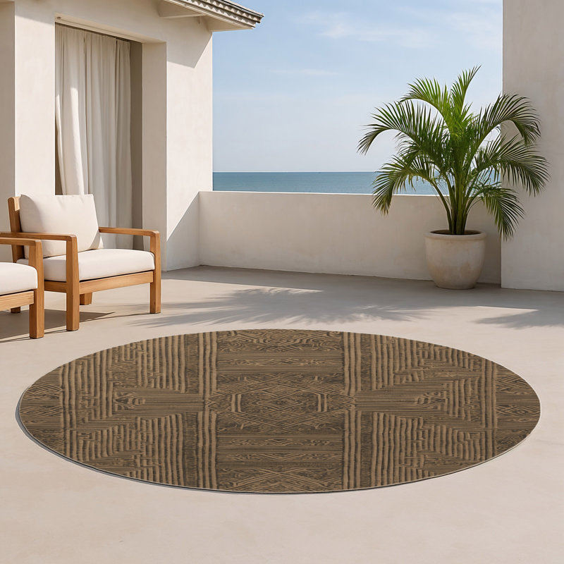 ArtDeco Brown Indoor and Outdoor Area Rug, Round 5'