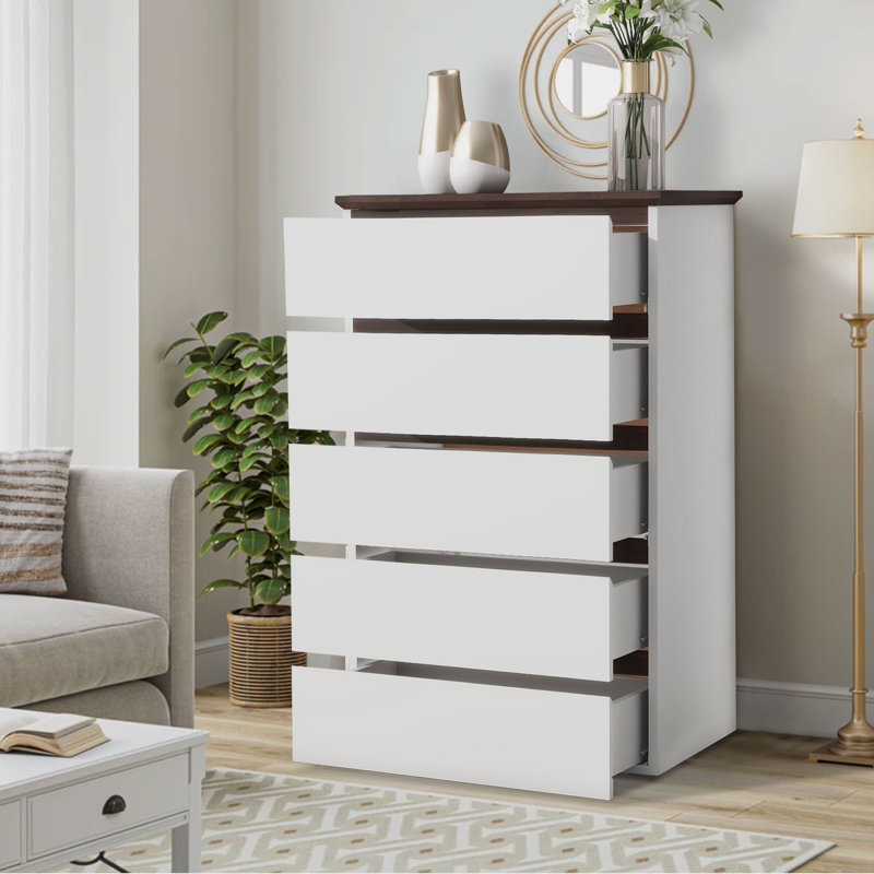 Commode de rangement 39,37 po H blanche avec 5 tiroirs pour le salon et l'entrée
