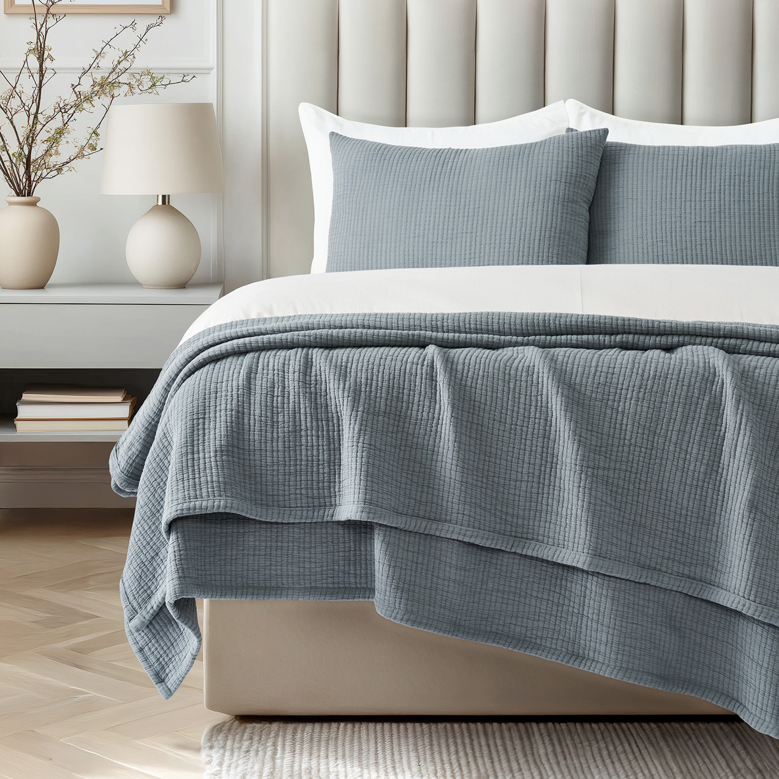 Cotton Gauze Coverlet Set, Queen Quilt + 2 Queen Shams, Dusty Blue