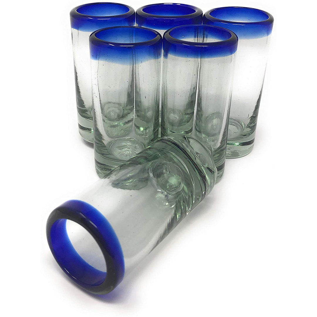 Lau Hand Blown Mexican 2 oz. Blue Rim Tequila Shot Glasses (Set of 6) Rosecliff Heights