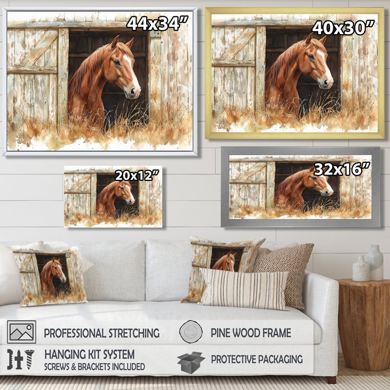 Portrait de cheval à la grange III - art mural sur toile, H 12 po x l 20 po, Impression sur cadre flottant, Noir