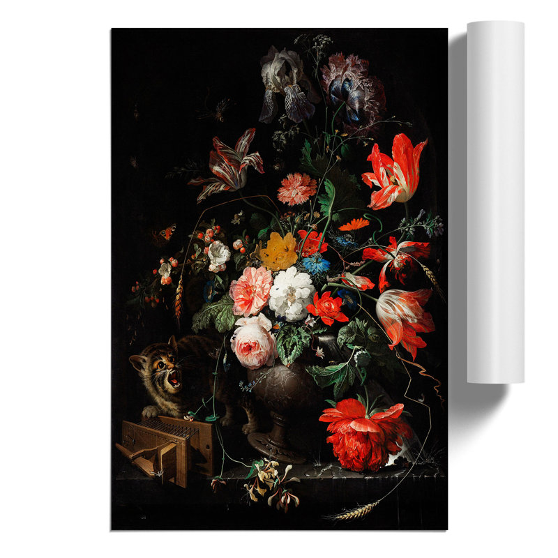 Cat And Flowers by Abraham Mignon - No Frame Print, 30cm H x 21cm W x 0.1cm D