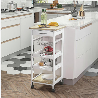 Chariot de cuisine sur roulettes avec fonction de rangement, îlot de cuisine sur roulettes avec cadre en bois pratique, avec panier à fruits en métal, plateau et tiroirs, blanc
