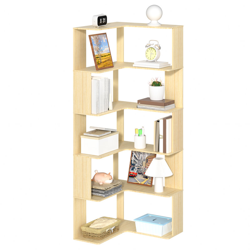 5 Tiers Corner Bookshelf, L Shaped Bookcase with Anti-Drop Panel, Wood Grain Book Shelf, Freestanding Book Storage Organizer for Home Office