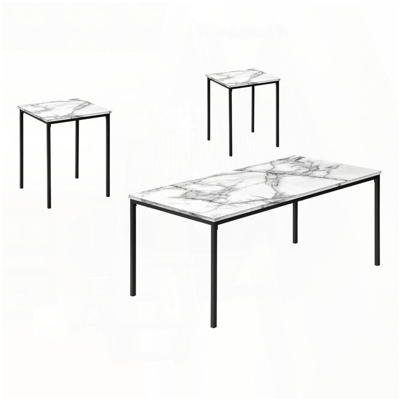Ensemble de tables basses 3 pièces avec stratifié aspect marbre blanc et structure en métal noir, Blanc, Marbre