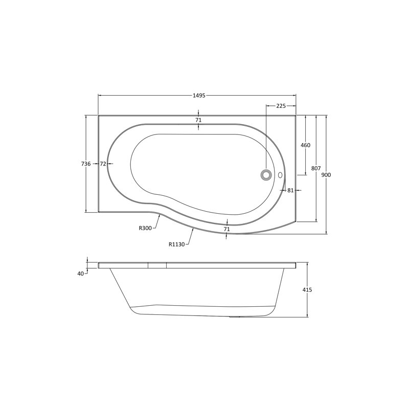x 900mm Soaking Acrylic Bathtub, Right, 1495mm L x 900mm L