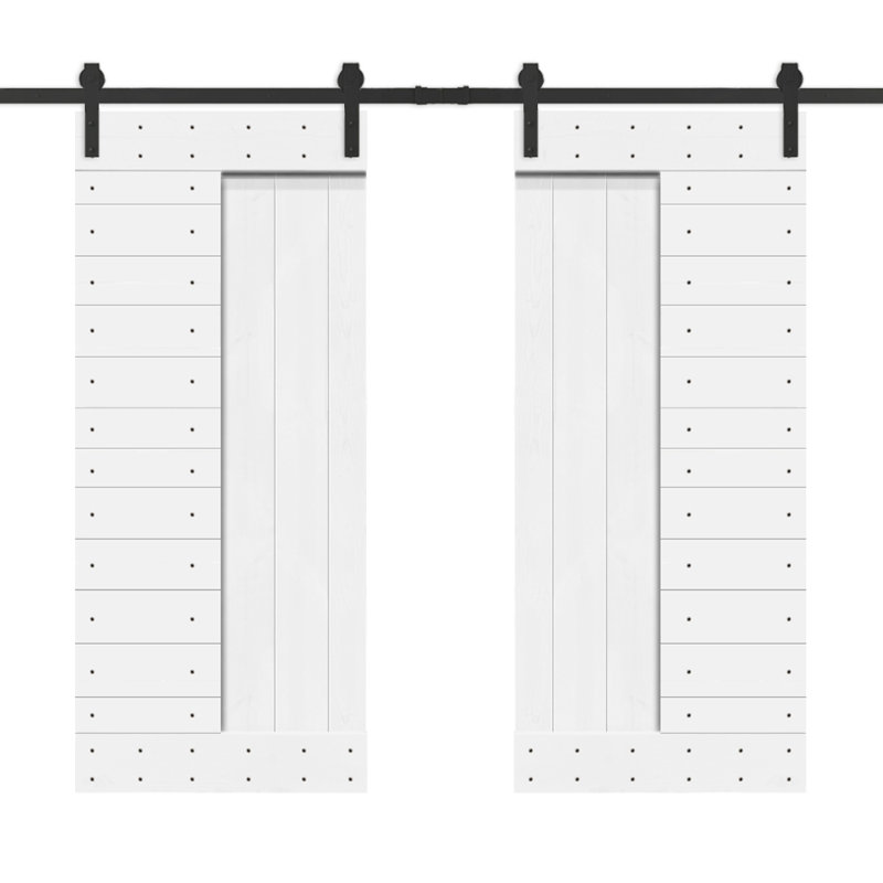 Pure White Solid Knotty Pine Wood Double Sliding Barn Door Kit