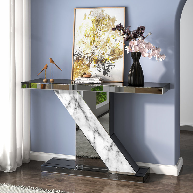 Rillamas 47.24'' Mirrored Glass Console Table Imitation Marble Sofa Entryway Table