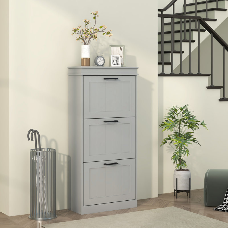 Narrow Shoe Cabinet with Flip Drawers Adjustable Shelf, Grey