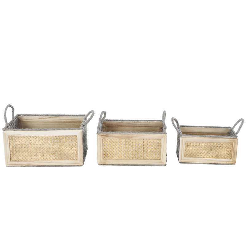 Wood Woven Decorative and Functional Light Brown Storage Basket with Gray Rope Accents Set