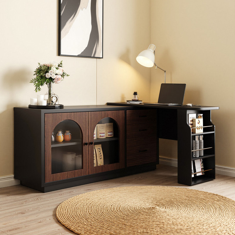 Bureau à hauteur réglable et coiffeuse, bureau en L avec plusieurs tiroirs et armoires de rangement