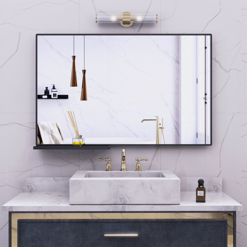 Miroir de salle de bain moderne avec étagère de rangement Miroirs muraux rectangulaires noirs pour salle de bain