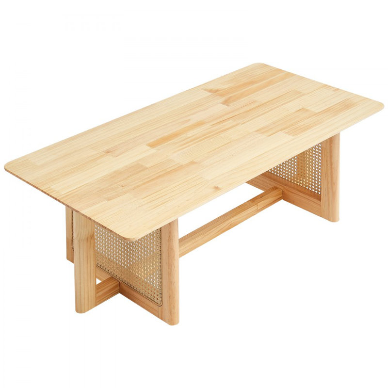 Rattan Coffee Table, Rectangle Rattan Woven Wood Mid Century Coffee Table with Rubber Wood Top, 47-Inch Modern Boho Storage Coffee Table with Natural Wood Legs, for Living Room, Bedroom & Small Spaces
