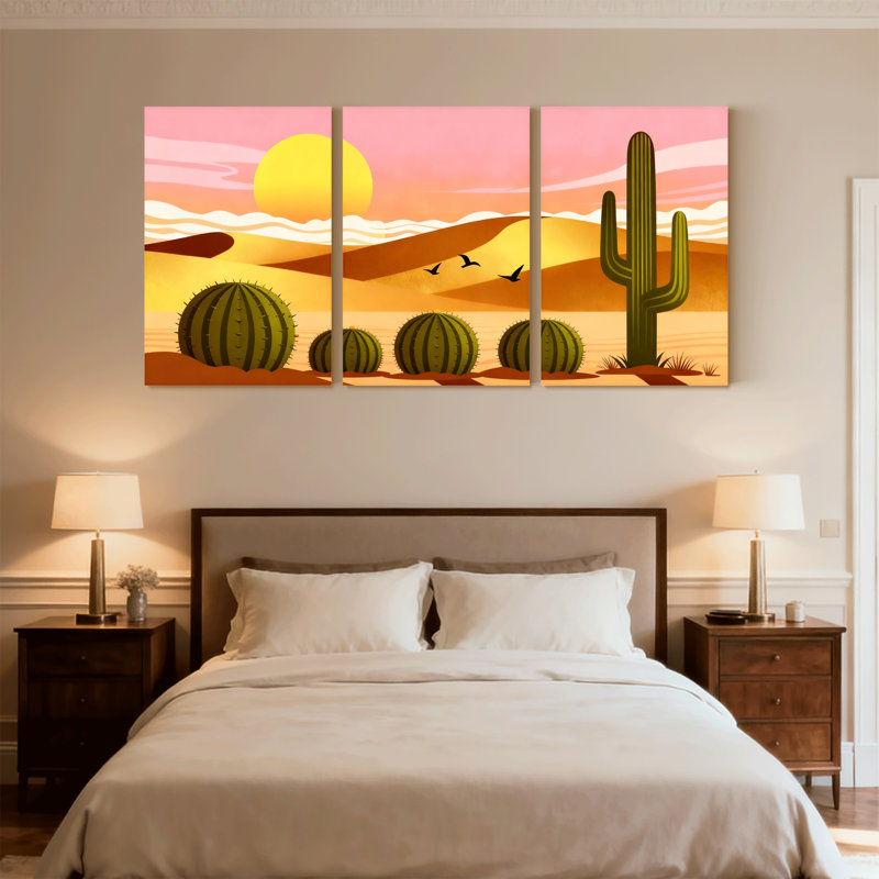 Cactus du désert, coucher de soleil, paysage de cactus, ensemble de 3 reproductions d'art sur toile, H 18 po x l 36 po