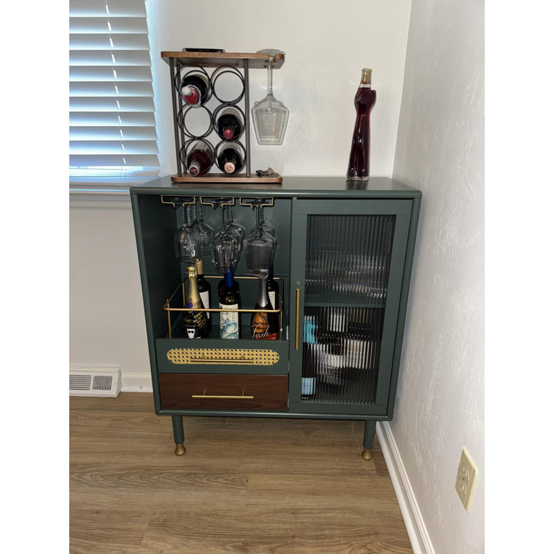 Modern Green Coffee Bar Cabinet with Wine Glass Rack Drawers & Pull-Out Wine Storage Organizer