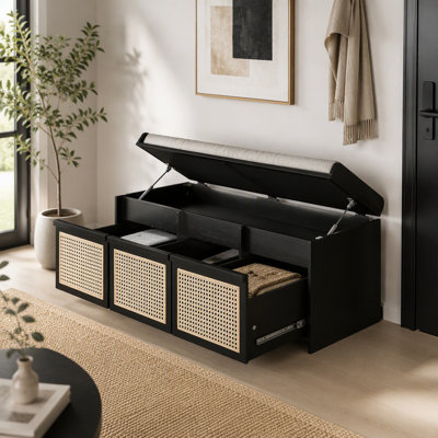 Banc de rangement pour chaussures 48 po, banc de rangement rétro avec tiroirs en rotin et coussin amovible capitonné