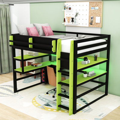 Lit mezzanine avec bureau, lumières RVB, support de rangement latéral et tablettes multiples