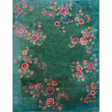 Antique Room Size Wool Pile Green Color Hand Knotted Chinese Art Deco Carpet