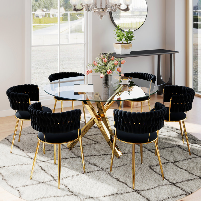 Ensemble de salle à manger rond à piédestal transparent avec fauteuil de salle à manger en velours ciel, Noir et or, Doré