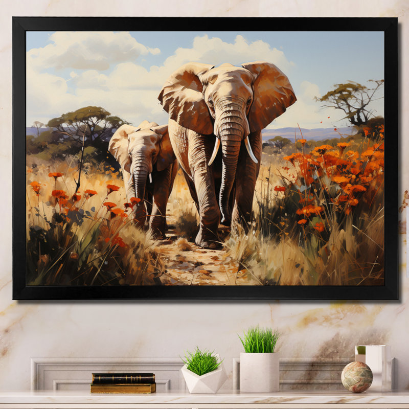 " Elephant Family Harmony ", 30" H x 40" W x 1.5" D, Black Picture Framed