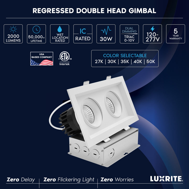 Projecteur encastré rectangulaire à 2 têtes DEL Luxrite, Blanc