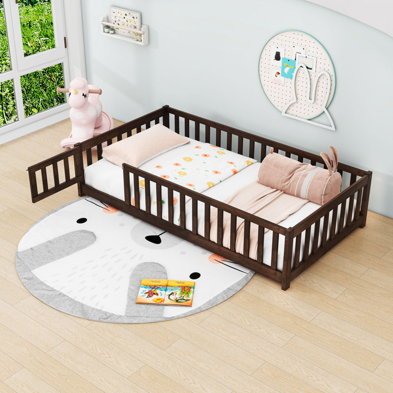 Wooden Low-Floor Bed With Enclosed Fence Design And Door, Twin, Espresso