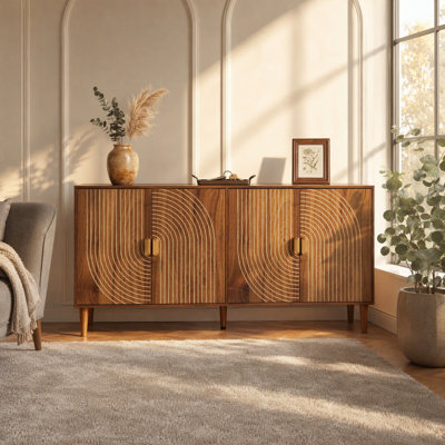 62.6"  Walnut Sideboard with Storage ,4-Door + Adjustable Shelves Buffet Cabinet