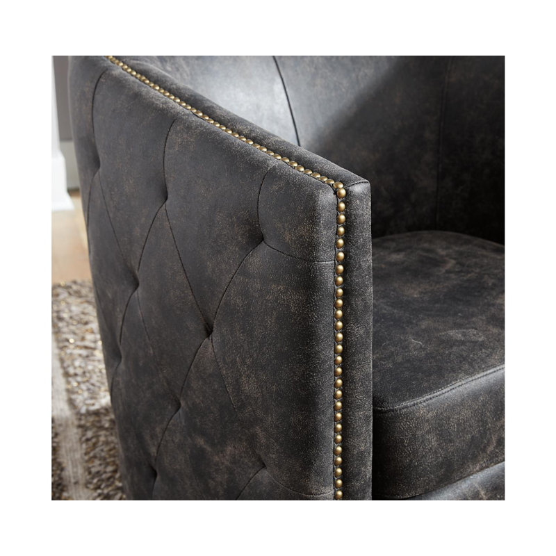 Distressed Black Faux Leather Barrel Swivel Chair