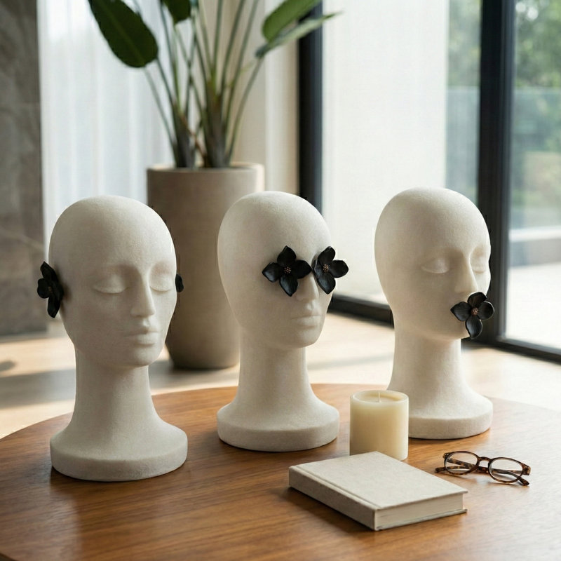Contemporary Abstract 3-Heads Resin Sculpture Figurines for Home Decor - Decorative Statue Accent for Living Room Decoration - Set of 3, 16", Black & White