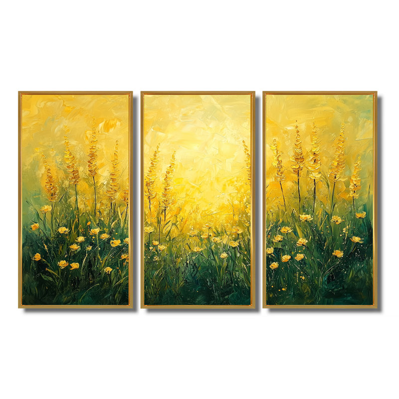 «Golden Wildflowers», 3 pièces, H 32 po x l 48 po, Impression encadrée sans passe-partout, Doré