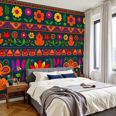 Papier peint adhésif mexicain décoratif à motif géométrique floral rouge, orange, orange, vert, H 100 po x l 144 po, papier peint amovible en PVC, adhésif pour chambre à coucher, bureau à domicile