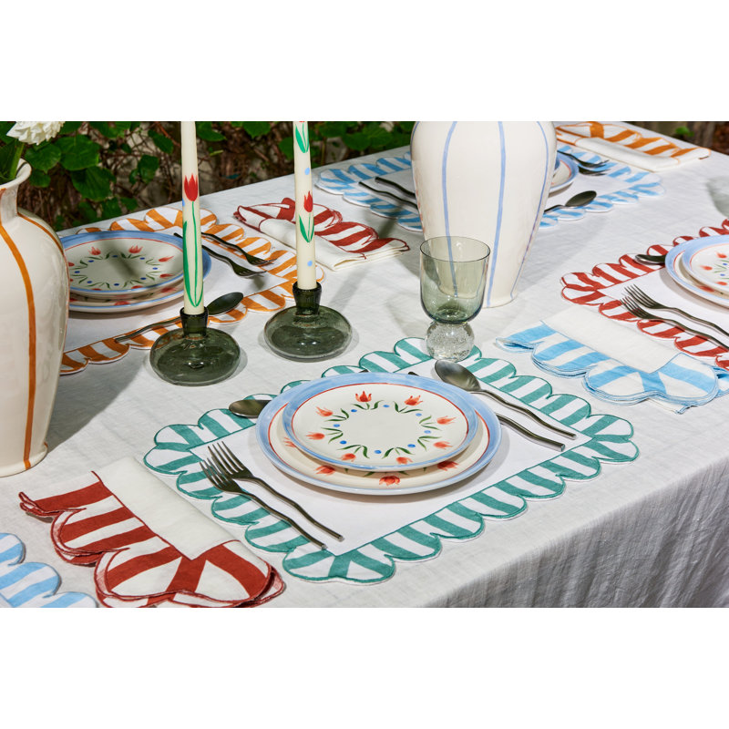 Jardin Embroidered Linen Scalloped Stripe Napkins, Amber/White