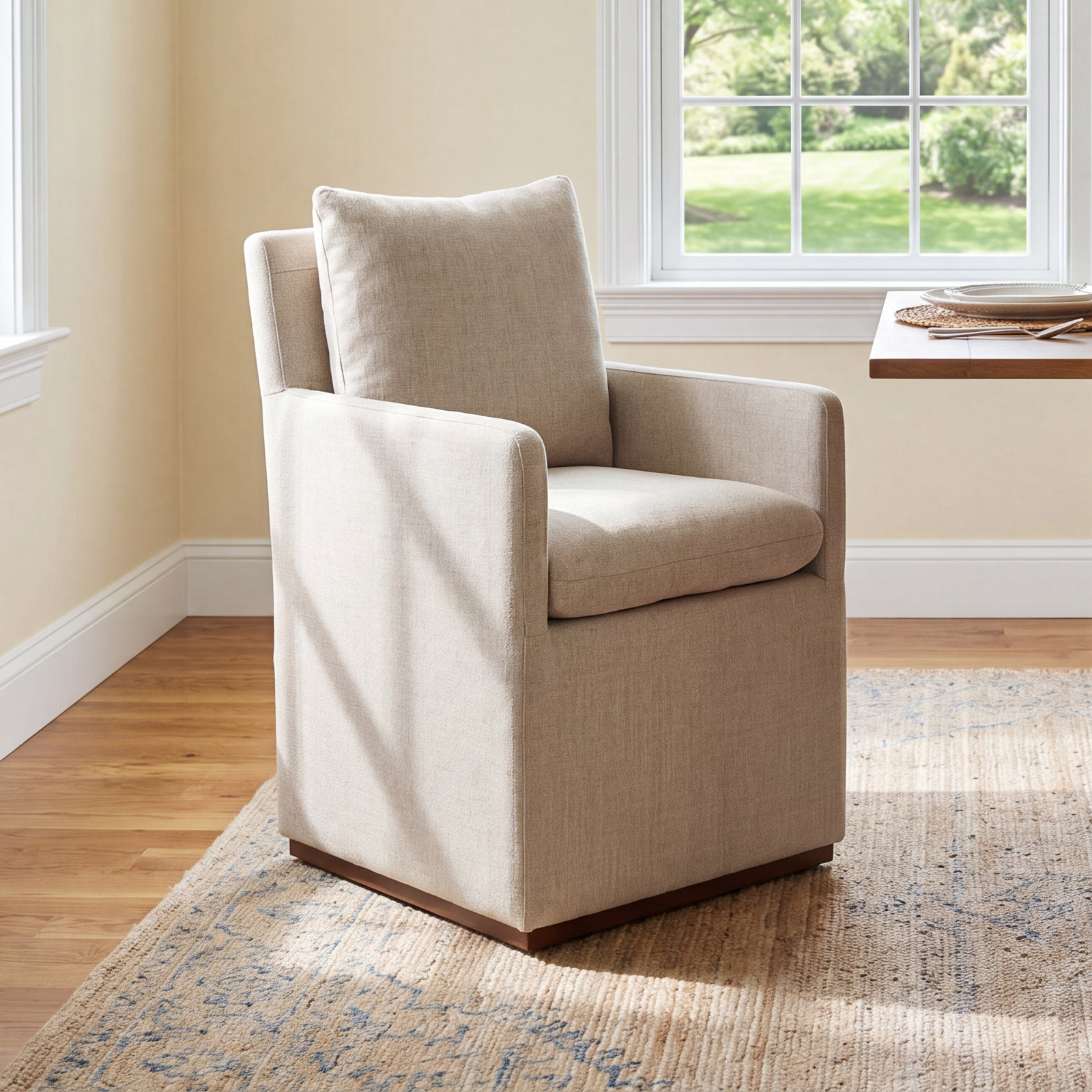 Bobbi 23.23" W Stain Resistant Armchair with Casters, Effie Flax Performance Linen