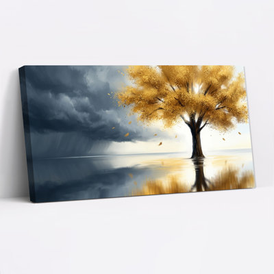 Golden Tree In Water With Stormy Sky Canvas Wall Art