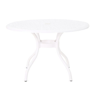 48-Inch Round Patio Dining Table Made Of Aluminum With Hammered Bronze Finish, And Tabletop, Umbrella Hole, Curved Legs, White Color, 40.37 Lb Weight, Ideal For Outdoor Ensemble 48 Inches In Size,