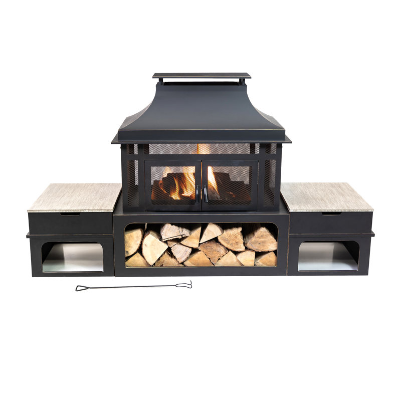 Rimasco 80-Inch Black Wood Burning Fire Pit with Storage