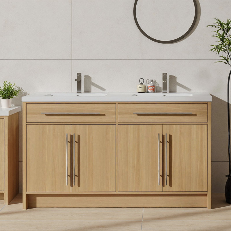 Meuble-lavabo autoportant de 60 po avec lavabo double en résine, 4 portes à fermeture douce, finition chêne élégant, rangement spacieux