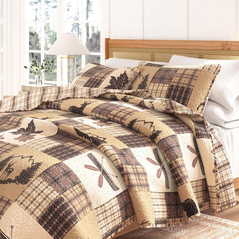 Ensemble de courtepointe patchwork inspirée de la nature / chalet, Courtepointe pour lit simple / simple TG et 1 taie