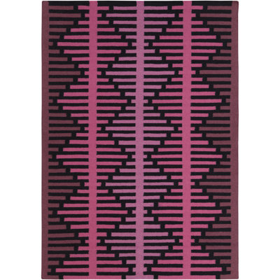 Haysville Reversible Handwoven Black Striped, Zig-Zag on Pink Wool/Cotton Blend Flatweave Dhurrie Area Rug