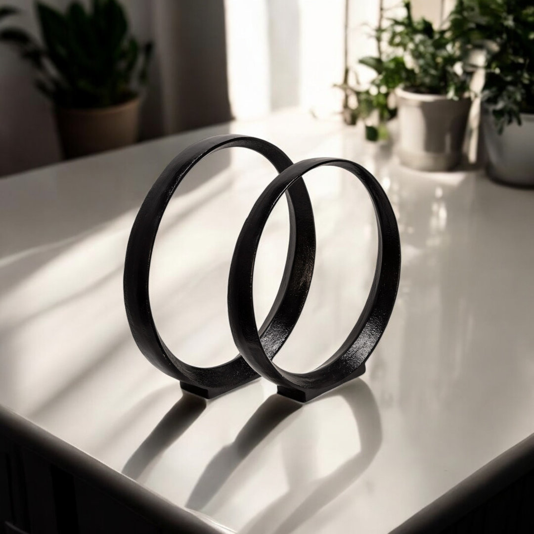 Set of 2 Metal Ring Sculptures - Modern Abstract Black Aluminum 12" and 14" Circular Sculpture Steelside™