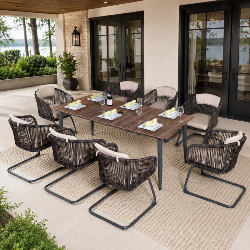 Ensemble repas pour 8 personnes en métal et osier avec coussins Melissa, H 28,74 po x l 77,95 po x P 37,4 po, 8