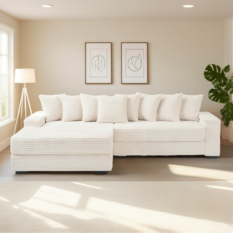 111.4 "beige Flannelette Sofa, Elegant Shelter Choice - Living Room, Bedroom, Office Ideal Companion, With Eight Exquisite Throw Pillows, More Warm And Cozy. Matching Foot Design.