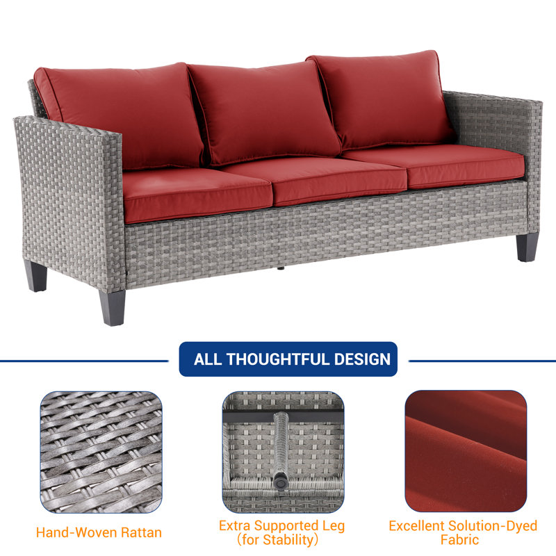 7-Piece Rattan Patio Set,  All Weather Wicker Chair w/Removable Cushion and Sturdy Frame, Brick Red, Gray