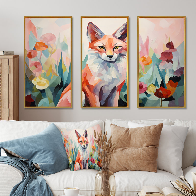 Art mural orange et renard rose dans le style Mattie I - renard, Cadre flottant doré, H 40 po x l 61 po