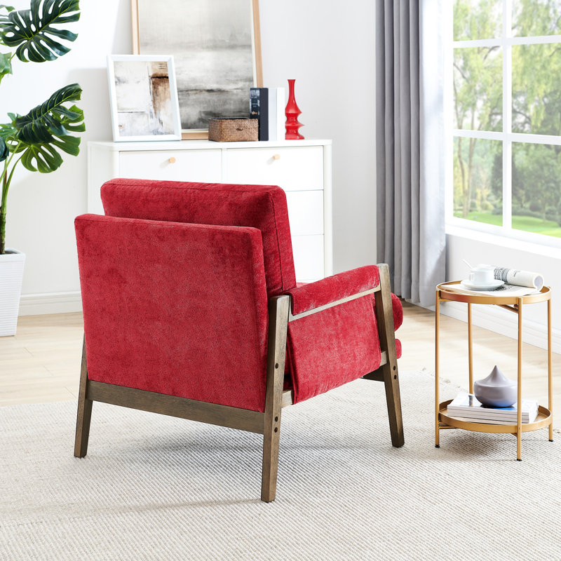 Chaise d'appoint rouge - style Mid-Century, fabrication en bois massif, assise en velours, coussins confortables
