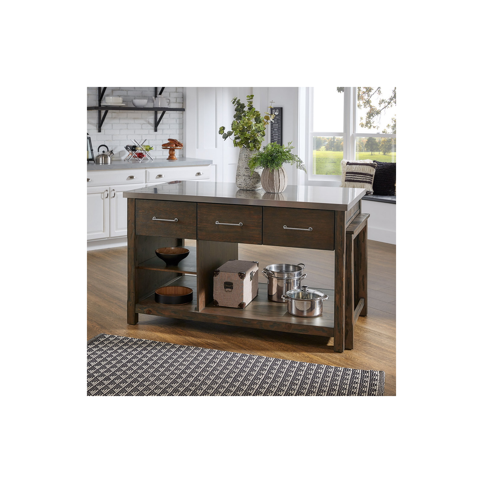 Tinka 3-Drawer Rectangle Pine Kitchen Island , Stainless Steel, Brown