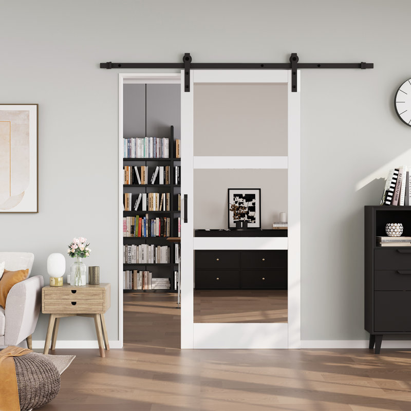 Portes intérieures de grange coulissantes en bois manufacturé 3-Lite Kit-𝘀𝗶𝗱𝗲𝗱 𝗠𝗶𝗿𝗿𝗼𝗿 avec ensemble de quincaillerie