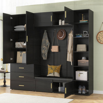 American Style 4-in-1 Hall Tree with Padded Bench, 4 Hooks, and Adjustable Storage Shelves for Entryway Organization