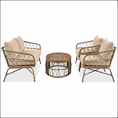Ensemble de conversation d'extérieur 4 personnes avec coussins amovibles, ensemble de patio conversation avec plateau en bois d'inspiration bohémienne